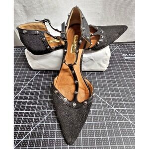 HALOGEN OLSON T-strap black leather pointed toe studded flats women Sz 6.5M